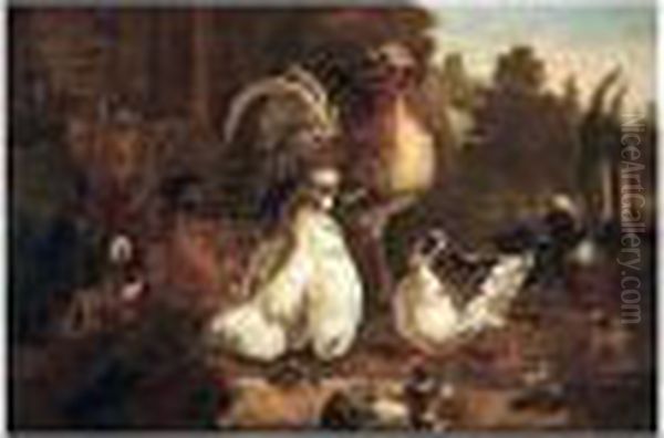 A Wooded Landscape With Bantams,
 Duck And Pigeon Watering A Pool In The Gounds Of A Villa Oil Painting by Pieter III Casteels