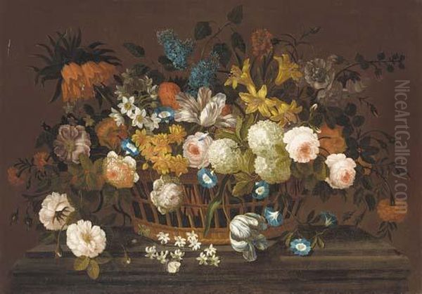 Lillies, Tulips, Roses, 
Hydrangea, Lilac, Chrysanthemums, And Other Flowers In A Basket, On A 
Marble Plinth Oil Painting by Pieter III Casteels