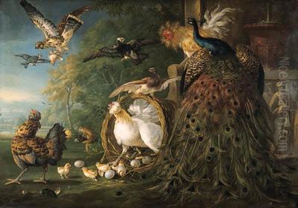 A Peacock, A Cockerel, A Hen 
With Her Chicks, A Kestrel With Itsprey And Other Birds, By A Bas-relief
 Sculpture, A Landscapebeyond
Signed And Dated 'pcasteels F/1729.' Oil Painting by Pieter III Casteels