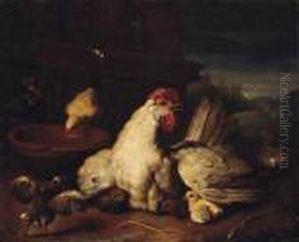 A Hen With Chicks In A Farmyard Oil Painting by Pieter III Casteels