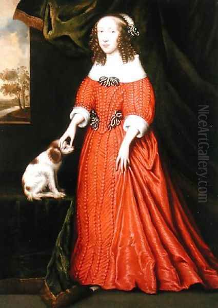 Portrait of a Young Lady in a Red Dress with a pet Spaniel Oil Painting by Gilbert Jackson