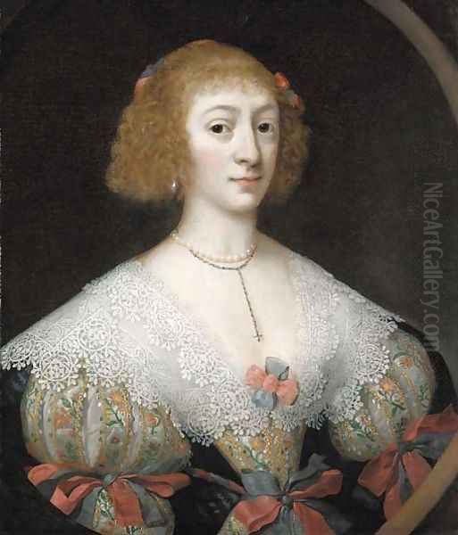 Portrait of a lady, half-length, in an embroidered dress with an ornate lace collar, feigned oval Oil Painting by Gilbert Jackson