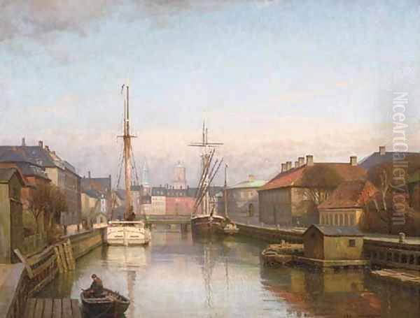 Vessels at a Danish port Oil Painting by Axel Johansen