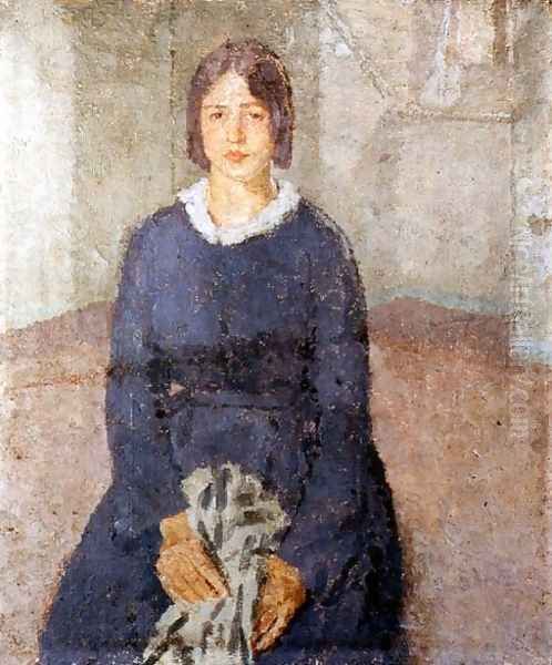 Girl in a blue dress holding a piece of sewing Oil Painting by Gwen John