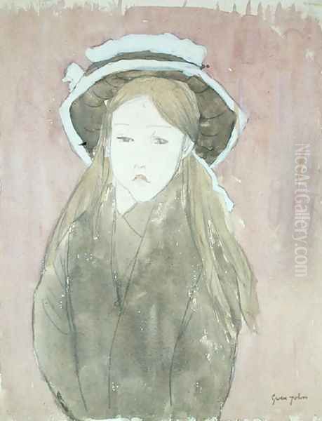 Little girl wearing large hat Oil Painting by Gwen John