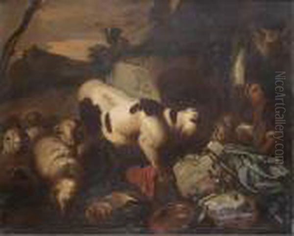 Landscape With A Herder And Their Animals Amongst Ruins Oil Painting by Giovanni Benedetto Castiglione