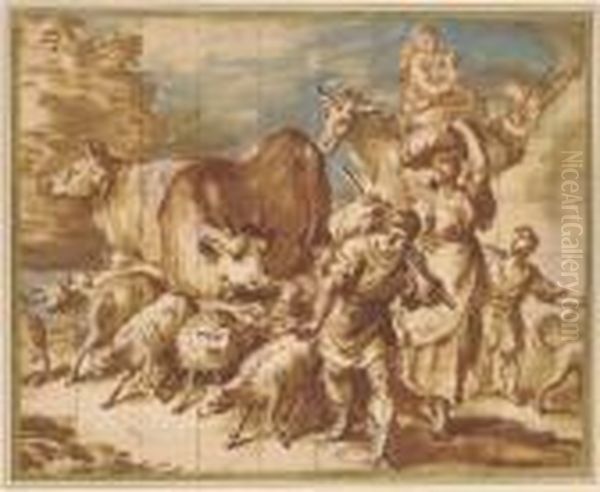 Une Caravane De Figures Et D'animaux Dans Un Paysage Oil Painting by Giovanni Benedetto Castiglione