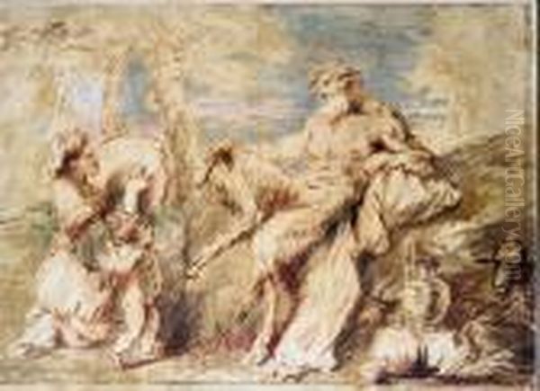 Satyr And A Bacchante With Cupid In A Landscape Oil Painting by Giovanni Benedetto Castiglione