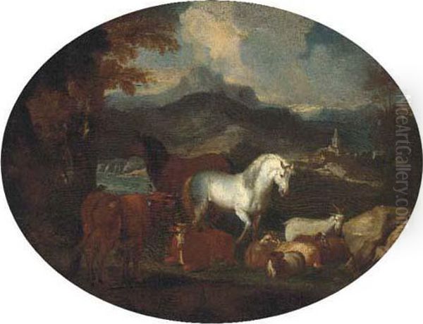 Horses, Cattle, Goats And Rams By A Lake In A Mountainlandscape Oil Painting by Giovanni Benedetto Castiglione