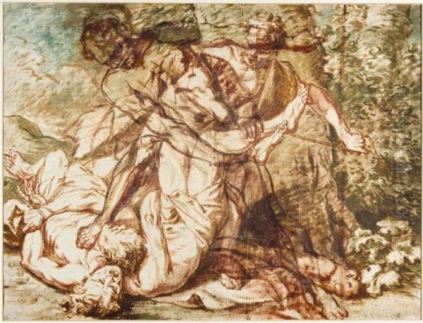 Hercules Wrestling Antaeus Oil Painting by Giovanni Benedetto Castiglione