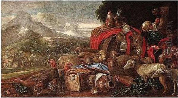 Landscape With Travellers, Camels And Other Animals Oil Painting by Giovanni Benedetto Castiglione