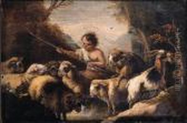 A Shepherd Boy Watering Sheep In A Mountainous Landscape Oil Painting by Giovanni Benedetto Castiglione