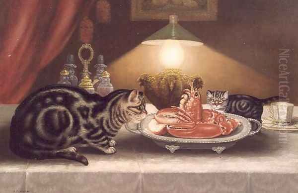 Still Life of Cats and a Lobster Oil Painting by A. Jackson