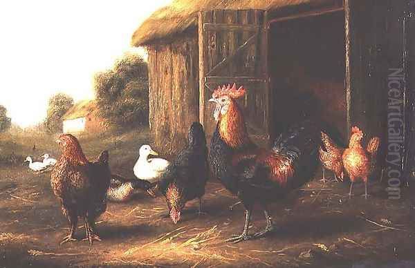 Chickens and Ducks in a Farmyard Oil Painting by A. Jackson