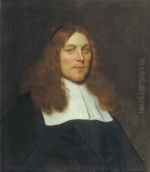 A portrait of a vicar, aged 34, bust-length, in a black costume with a white flat collar Oil Painting by Ludolf de Jongh