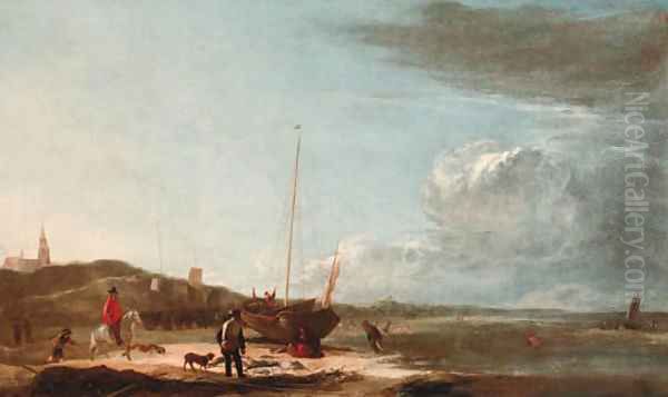 The beach at Scheveningen, with fisherfolk displaying their catch Oil Painting by Ludolf de Jongh