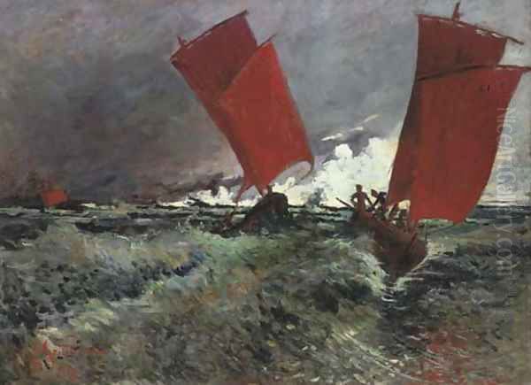 Les voiliers rouges Oil Painting by Emile Jourdan