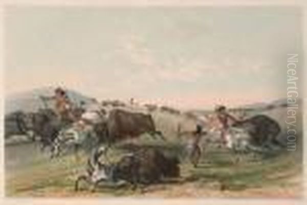 Title: Buffalo Hunt, Chase Oil Painting by George Catlin