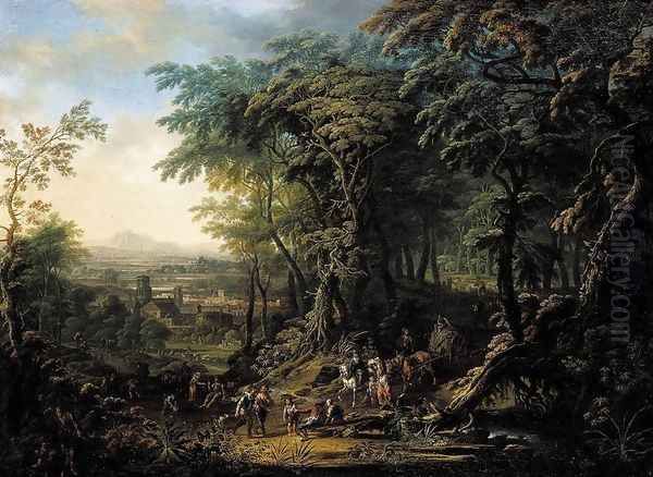 Travellers on a Forest Road Oil Painting by Frans Christoph Janneck