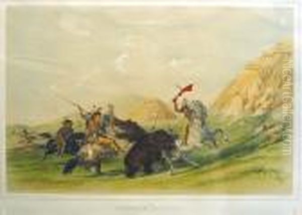 Attacking The Grizzly Bear Oil Painting by George Catlin