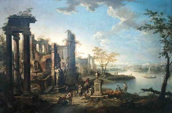 An Italianate river landscape with figures resting by classical ruins Oil Painting by Frans Christoph Janneck