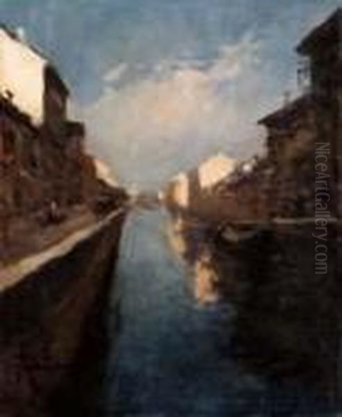 Navigli Oil Painting by Achille Cattaneo