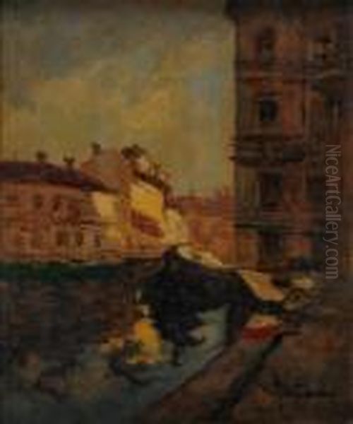 Scorcio Sul Naviglio Oil Painting by Achille Cattaneo