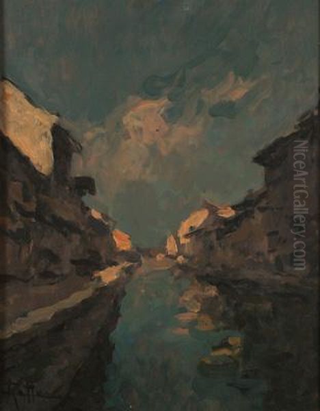 Naviglio A Milano Oil Painting by Achille Cattaneo