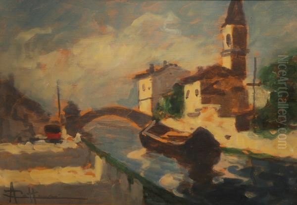 Veduta Del Naviglio Oil Painting by Achille Cattaneo