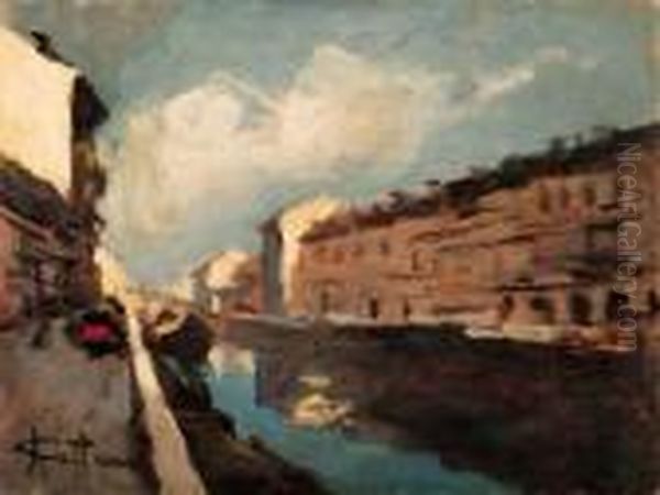 Scorcio Del Naviglio Oil Painting by Achille Cattaneo