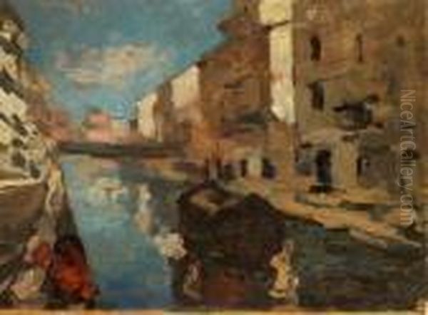 Canale Oil Painting by Achille Cattaneo