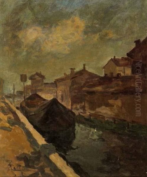 Vecchio Naviglio Oil Painting by Achille Cattaneo