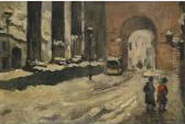 Milano, Le Colonne Di San Lorenzo Sotto La Neve Oil Painting by Achille Cattaneo