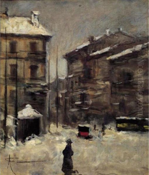 Vecchia Milano Sotto La Neve Oil Painting by Achille Cattaneo