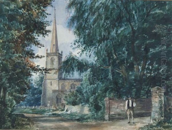 An English Country Church With Figure Of A Woodcutter Standingin The Foreground Oil Painting by George Cattermole