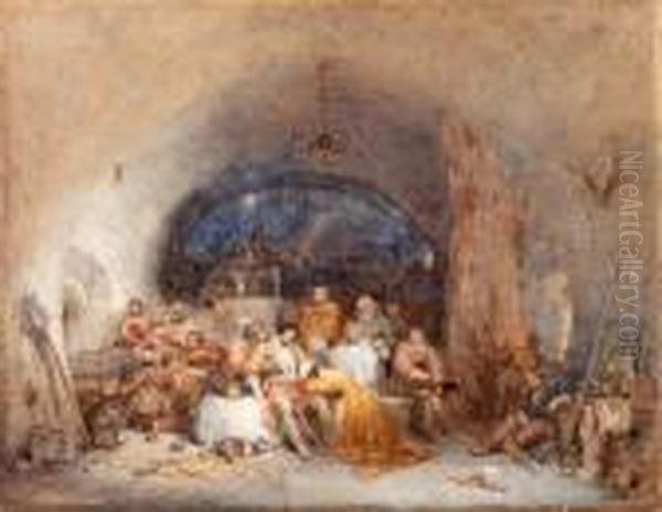 Figures Sheltering In A Castle Vault Oil Painting by George Cattermole