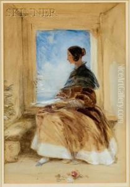 Young Woman By A Window. Oil Painting by George Cattermole