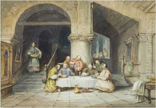 Monks Dining In A Gothic Interior Oil Painting by George Cattermole