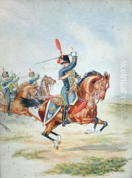 Ri -- The 15th Hussars On 
Horseback; Watercolour, Signed And Titled, 19x14cm. Note:the Subject Of 
The Above, Known As The 15th Or The Kings Light Dragoons Oil Painting by George Cattermole