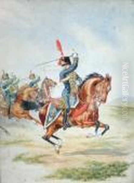 Ri -- The 15th Hussars On 
Horseback; Watercolour, Signed G Clarr*ys And Titled, 19x14cm Note: 
Known As The 15th Or The Kings Light Dragoons Oil Painting by George Cattermole