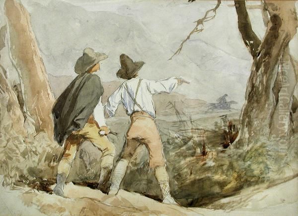 Two Boys Shooting Pistols In A Landscape Oil Painting by George Cattermole