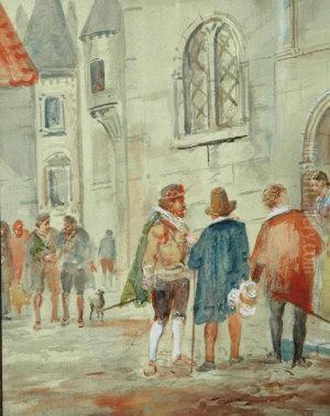 Knights Conversing Before A Tavern Oil Painting by George Cattermole