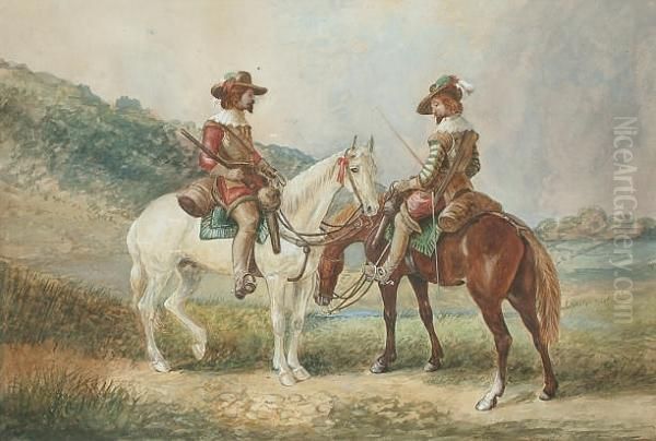 Cavaliers On Horseback. Oil Painting by George Cattermole