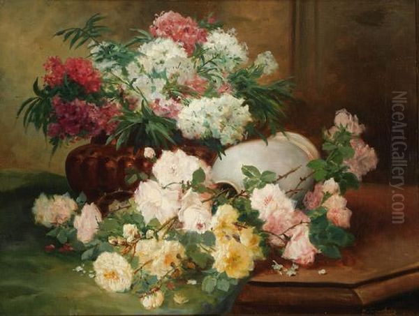 Still Life Of Flowers In Vases On A Table Oil Painting by Eugene Henri Cauchois