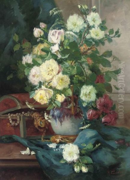 Red Roses, White Roses And Horse
 Parsley In An Ornamental Vase By Achest Of Jewels On A Draped Ledge Oil Painting by Eugene Henri Cauchois