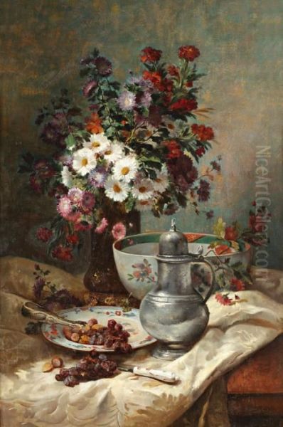 Bouquet De Fleurs, Pichet En Etain Et Noisettes Sur Unentablement Oil Painting by Eugene Henri Cauchois