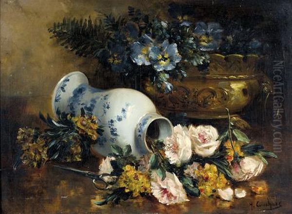 Stillleben Mit Gesturzter Porzellanvase Und Blumen Oil Painting by Eugene Henri Cauchois