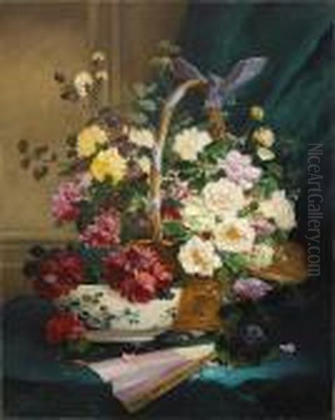 A Still Life With Roses In A Basket Oil Painting by Eugene Henri Cauchois