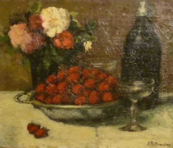 Still Life Of A Bowl Of Strawberries And Flowers Oil Painting by Eugene Henri Cauchois