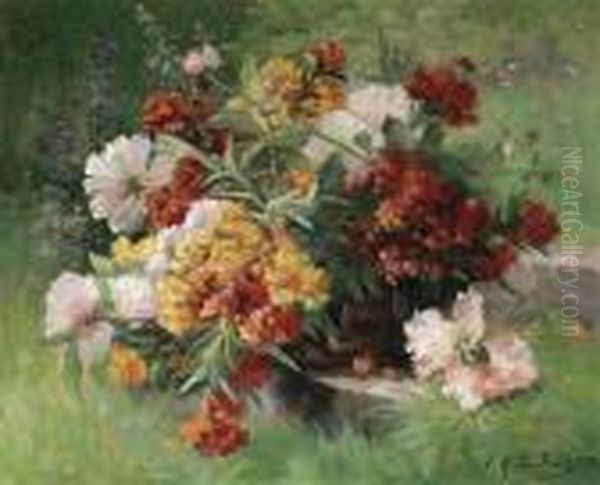 Flowers In Awillow Basket Oil Painting by Eugene Henri Cauchois